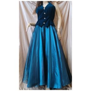 Dave Johnny Ball Gown Emerald Green Velvety Halter Dress Pleated Chiffon Tulle